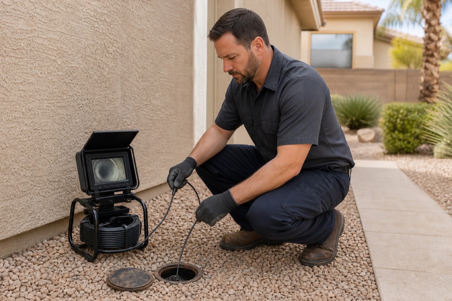 Drain technician using a camera at an exterior residential cleanout